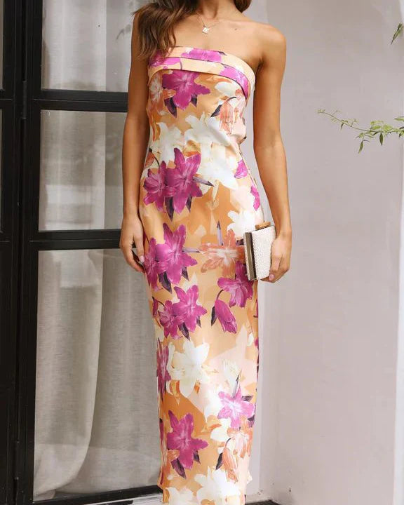 Miya Uzun Elbise - Turuncu/Pembe Baskı