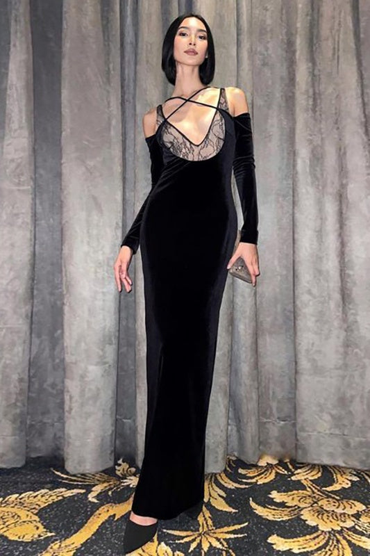 V Yaka Dantelli Kadife Eldiven Maxi Elbise