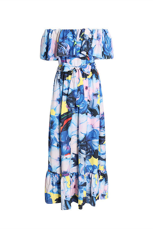 Vivien Çiçek Baskılı Düşük Omuzlu Uzun Elbise