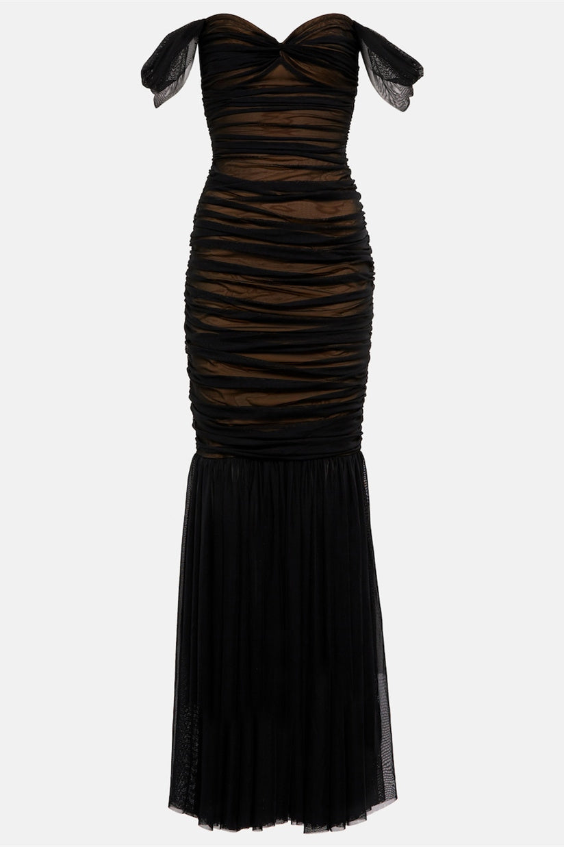 Hazel Düşük Omuzlu Dantelli File Uzun Elbise