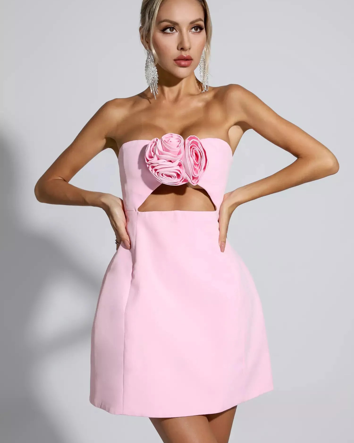 Haşhaş Pembesi Çiçekli Mini Elbise