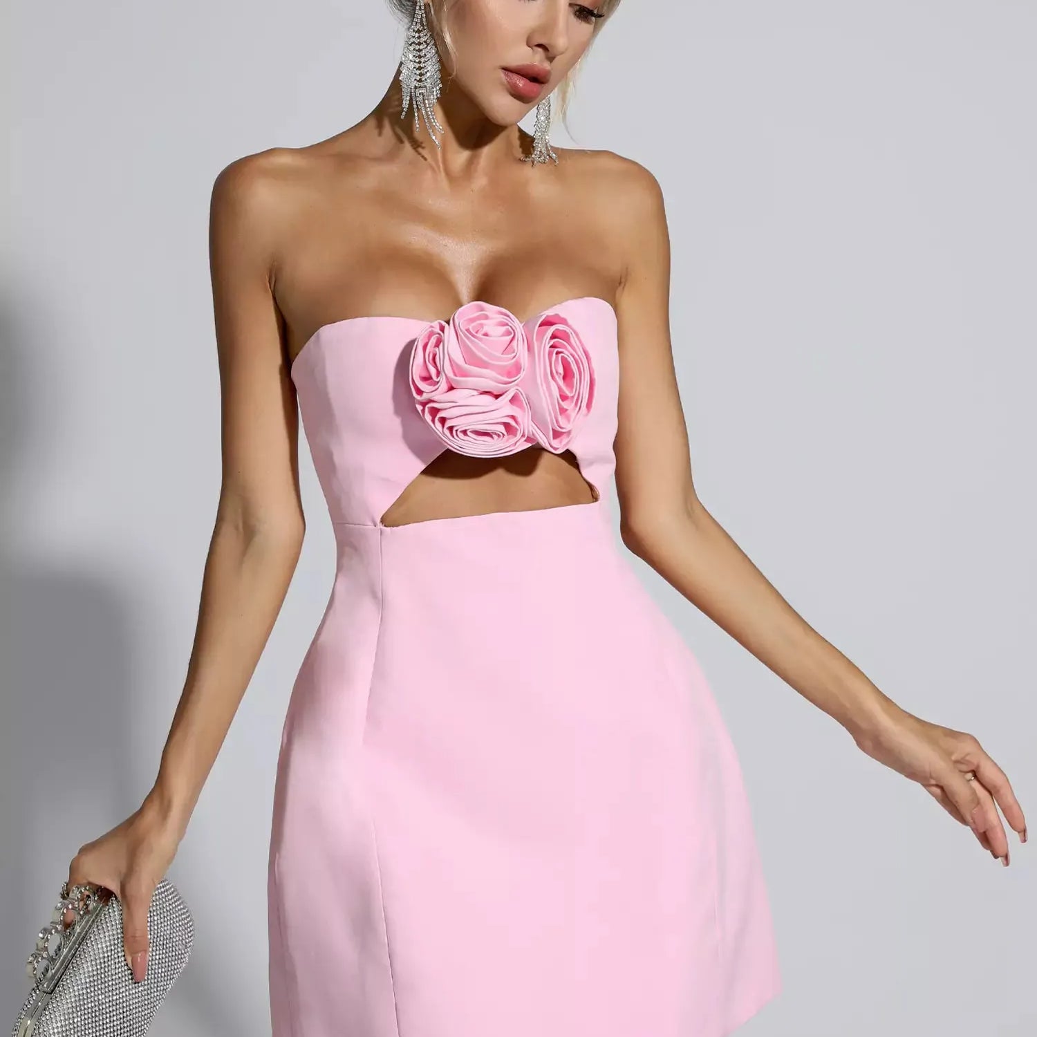 Haşhaş Pembesi Çiçekli Mini Elbise