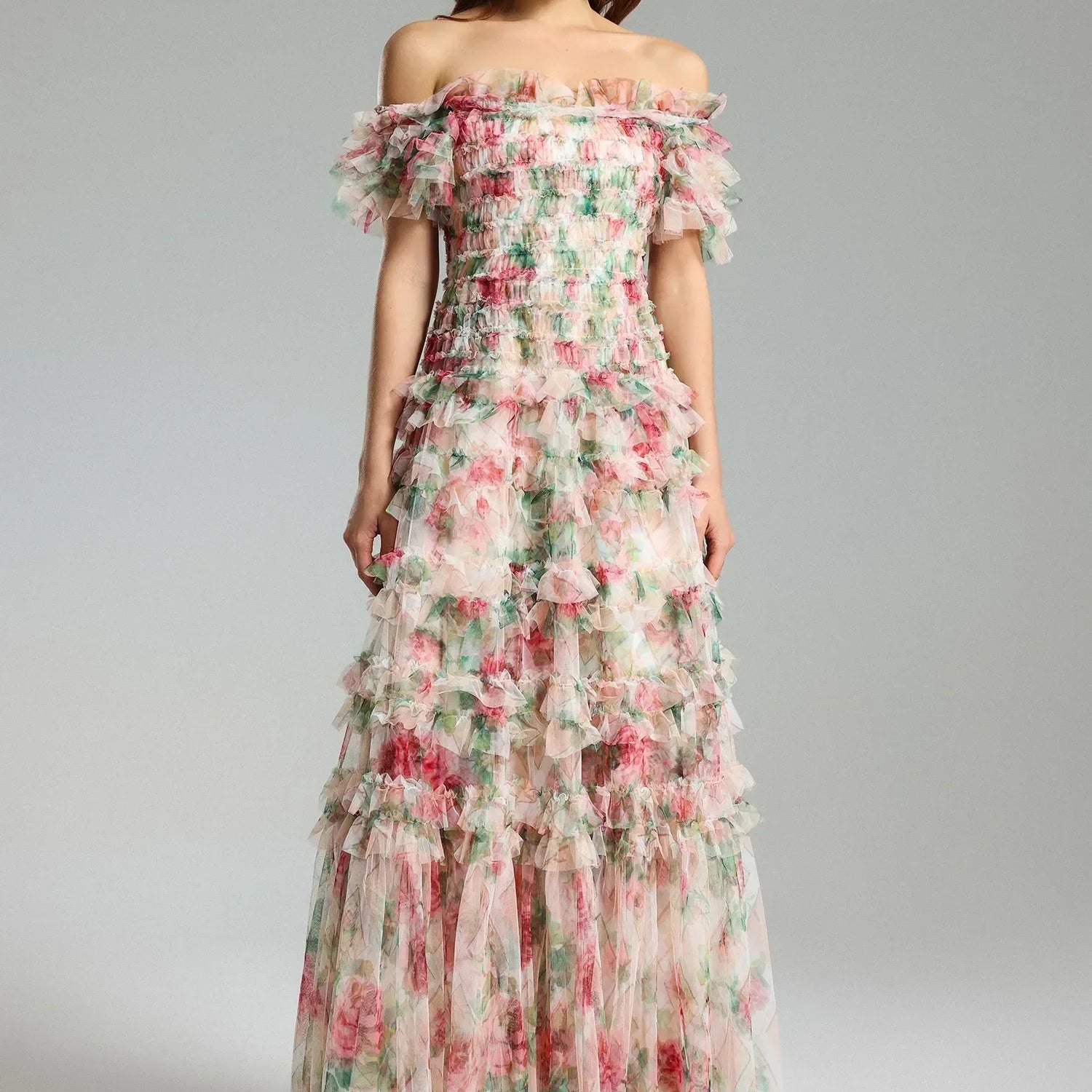 Qearl Çiçekli Düşük Omuz Pileli Maxi Elbise