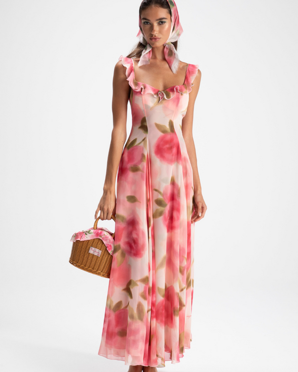 Renée Çiçekli Volanlı Maxi Elbise