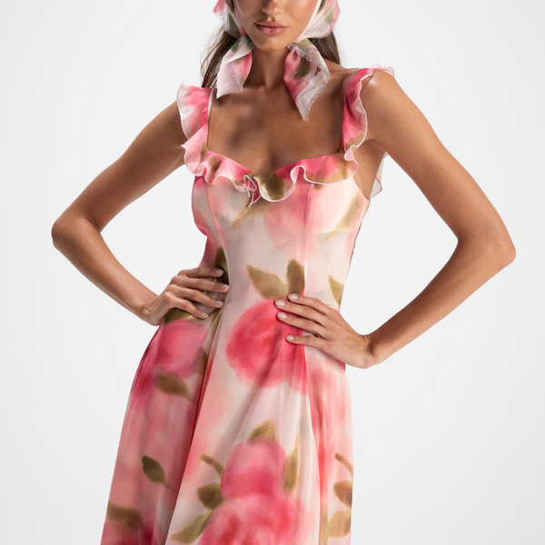 Renée Çiçekli Volanlı Maxi Elbise