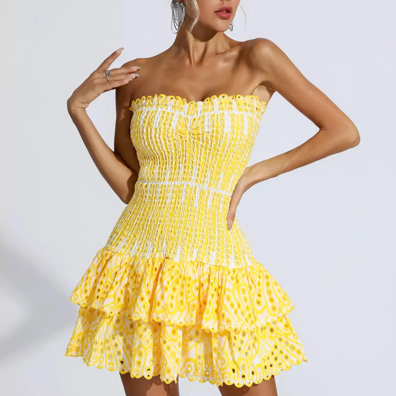 Biberiye Sarısı Fırfırlı Mini Elbise