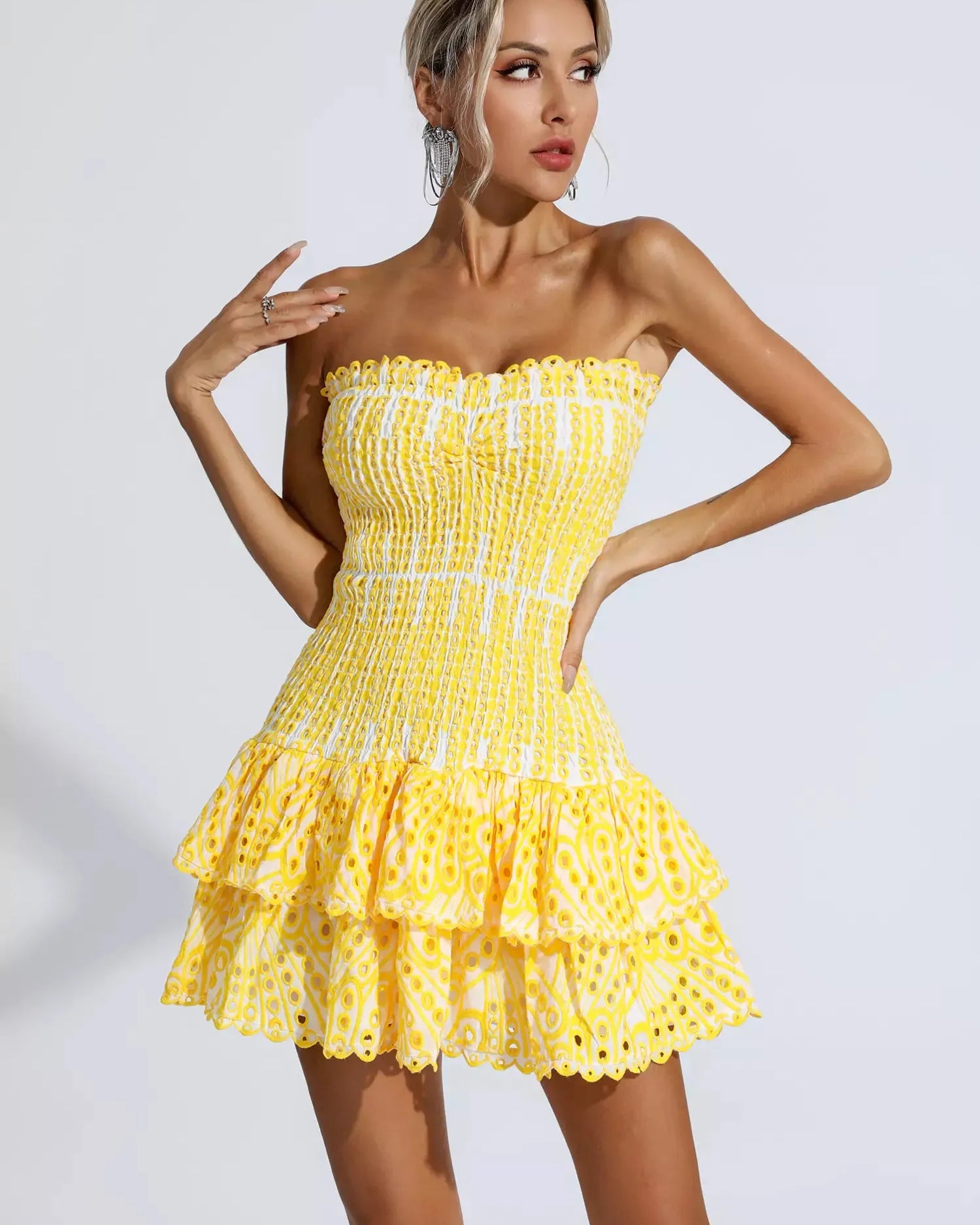 Biberiye Sarısı Fırfırlı Mini Elbise