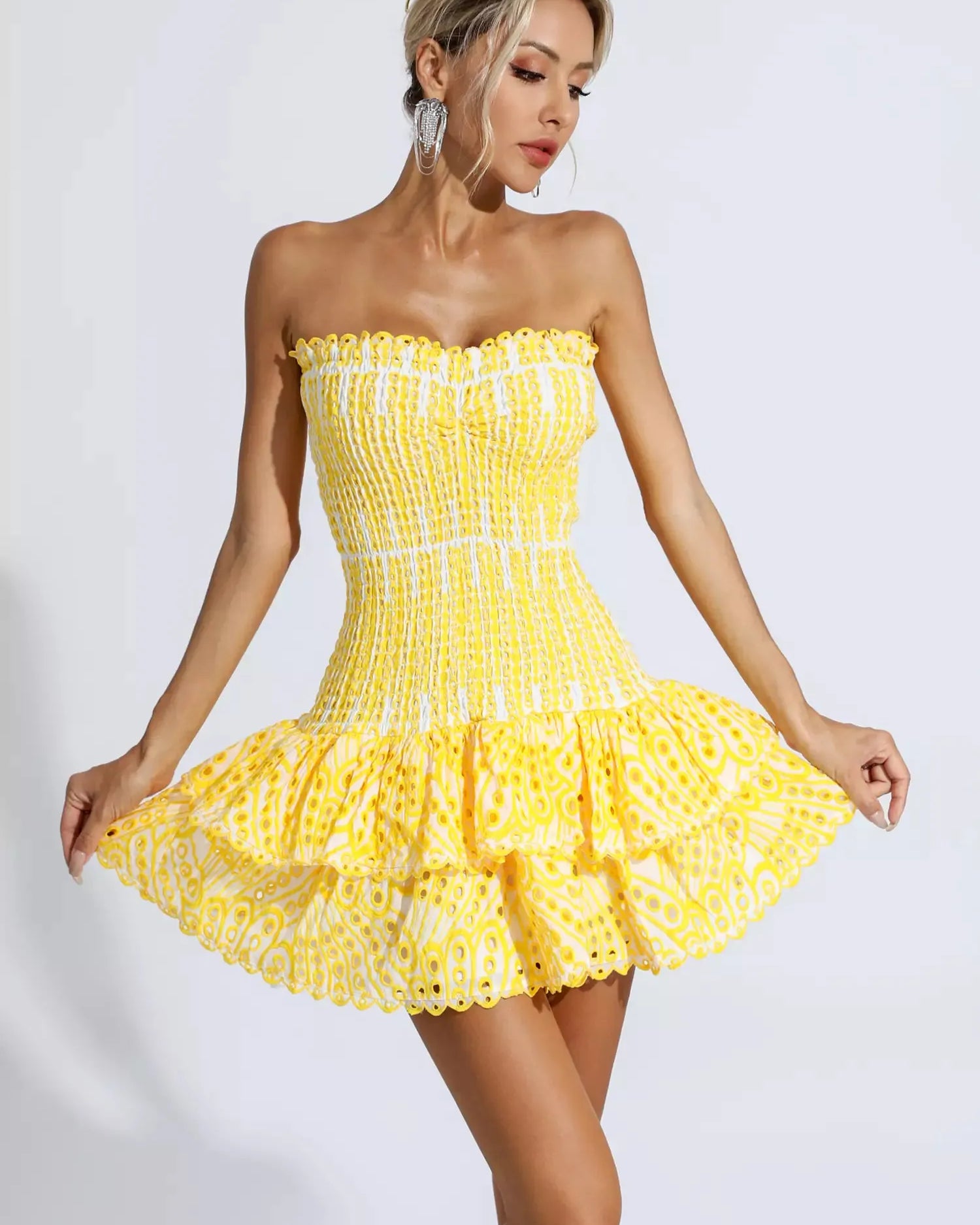 Biberiye Sarısı Fırfırlı Mini Elbise