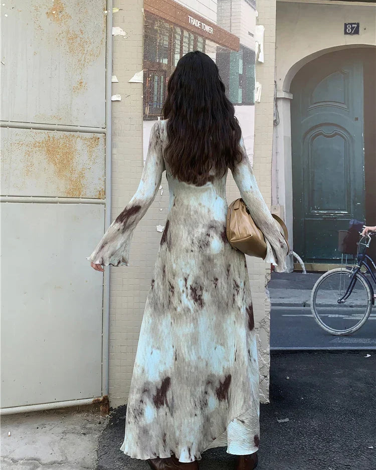 Cherr Mermer Desen Sırt Dekolte Uzun Kollu Maxi Elbise