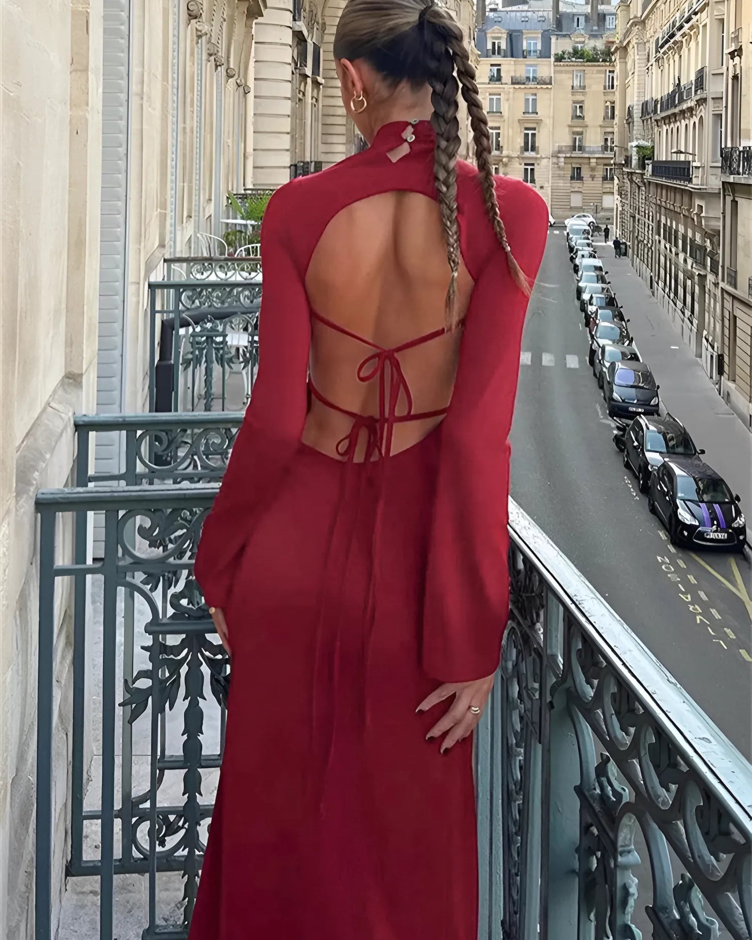 Sırt Detaylı Dik Yaka Maxi Elbise