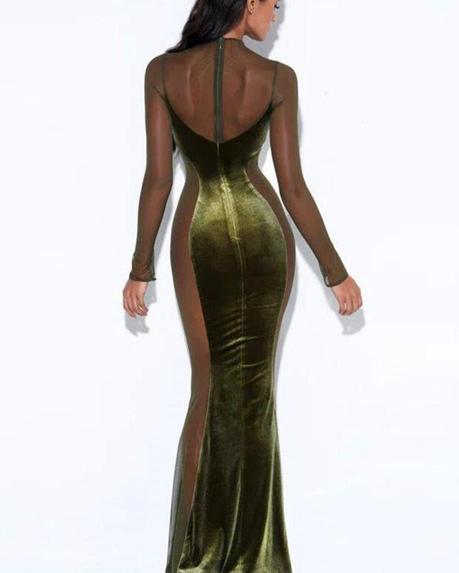 Zona Transparan Kadife Maxi Elbise