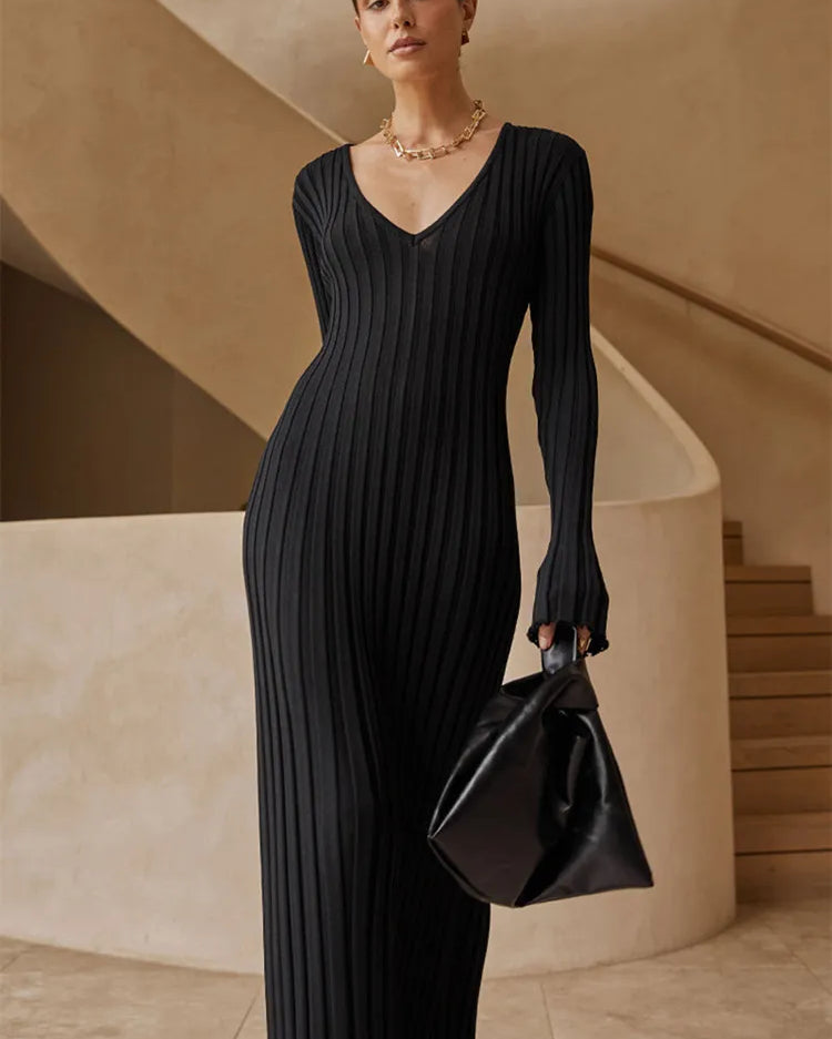 Geniş Fitilli V yaka Maxi Elbise