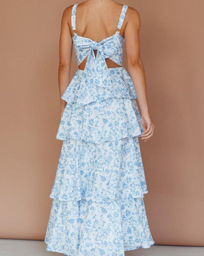 Provence Bloom Katlı Maxi Elbise - Çiçekli Mavi