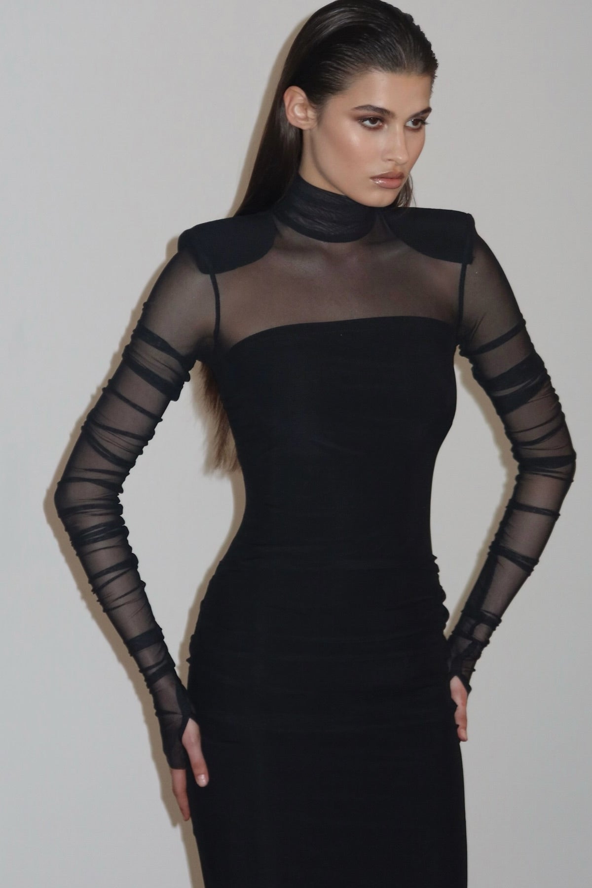 Virginia Uzun Kollu Yarı Transparan Maxi Elbise