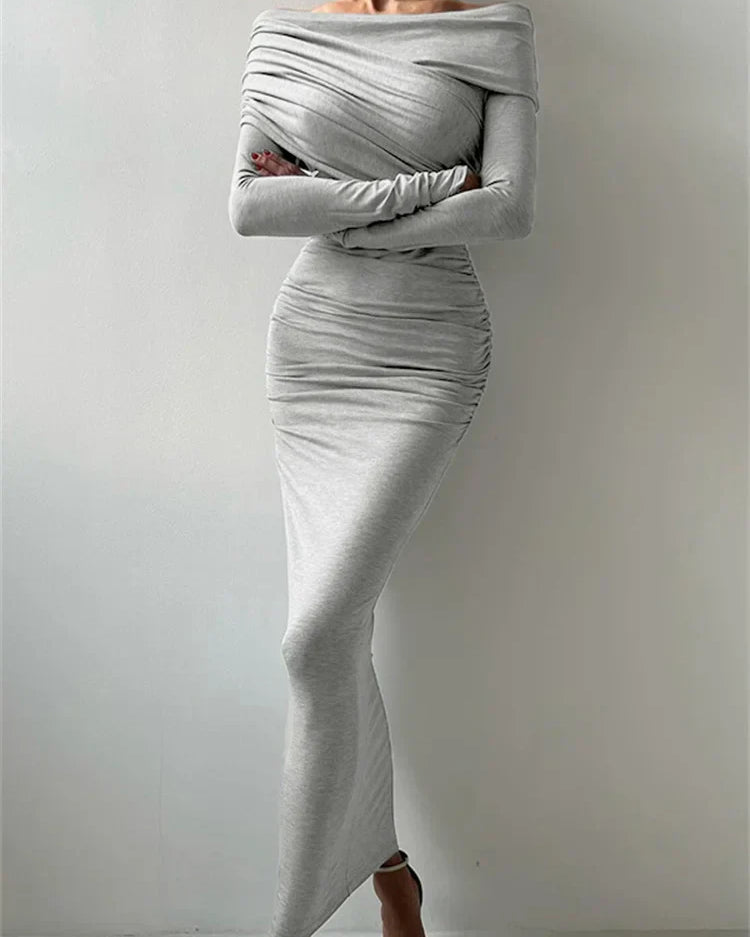 Kayık Yaka Yanları Büzgü Dikişli Maxi Elbise