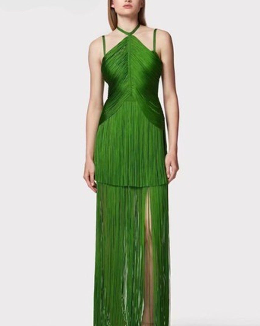 Phoebe Boyundan Bağlamalı Püsküllü Maxi Elbise