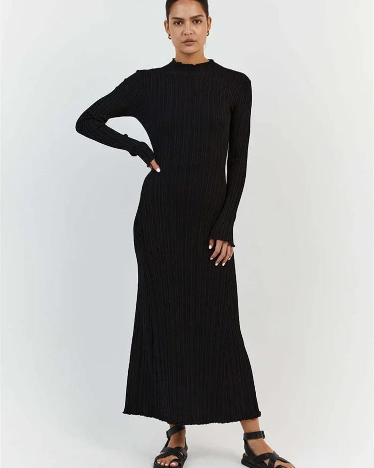 Uzun Kollu Triko Nervürlü Maxi Elbise