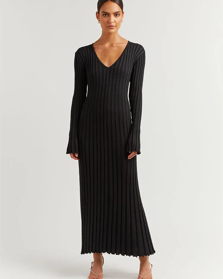 Geniş Fitilli V yaka Maxi Elbise