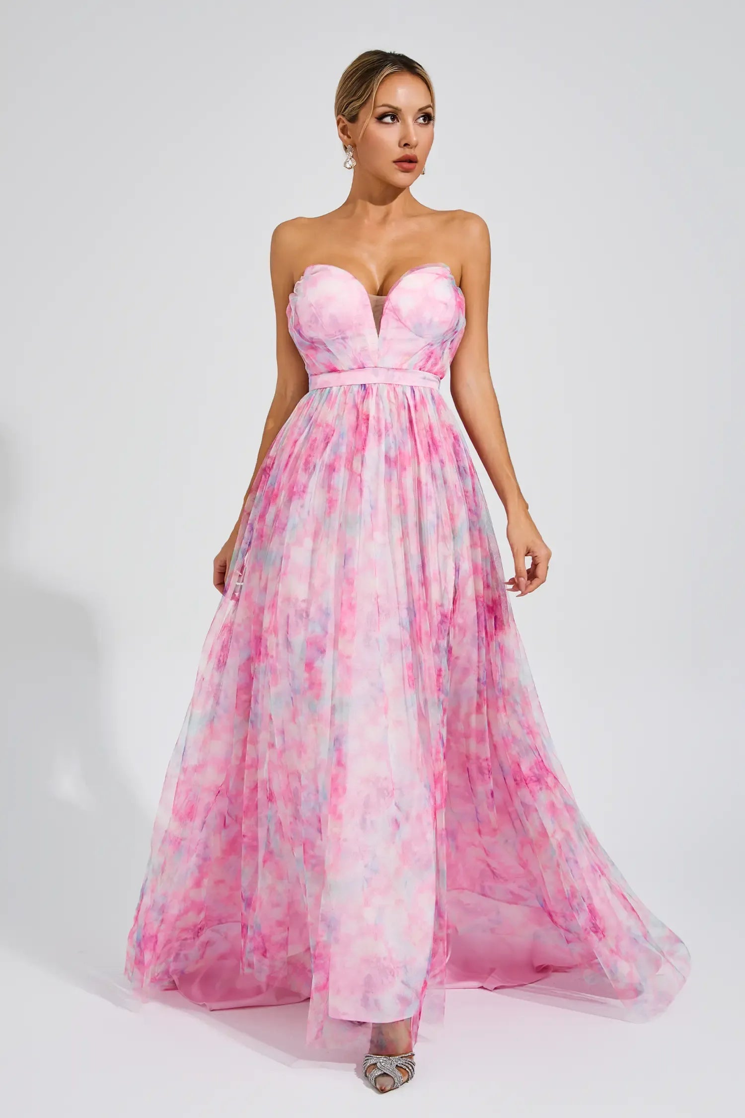 Sheila Pembe Çiçekli Yırtmaçlı Omuz Uzun Elbise