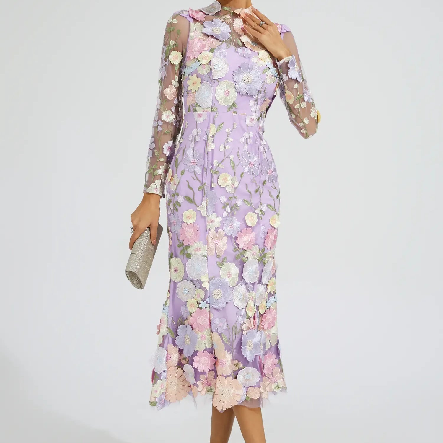 Helena Mor Çiçek İşlemeli Midi Elbise