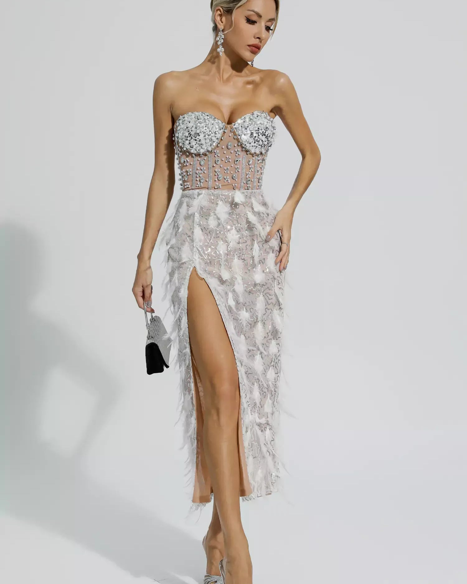 Siena Beyaz Tüy Tüp Üst Maxi Elbise