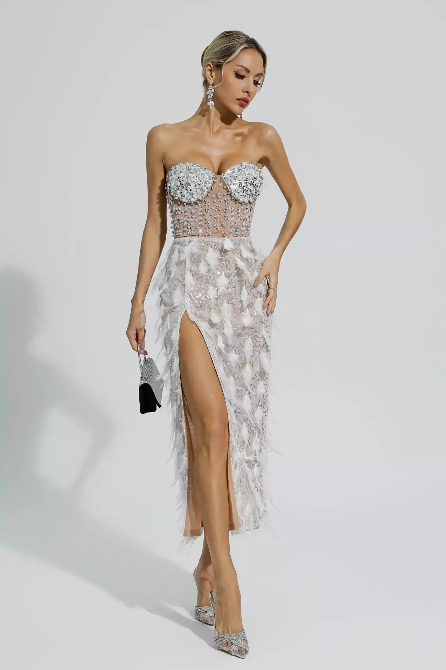 Siena Beyaz Tüy Tüp Üst Maxi Elbise