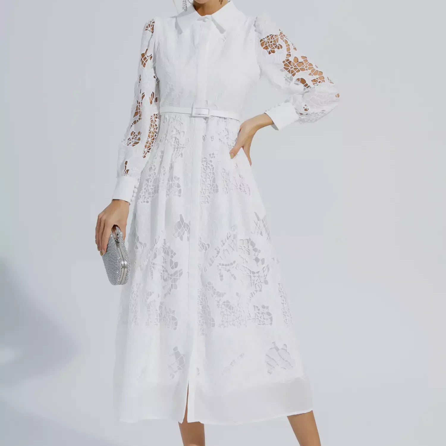 Sloan Beyaz Hollow Uzun Kollu Midi Elbise