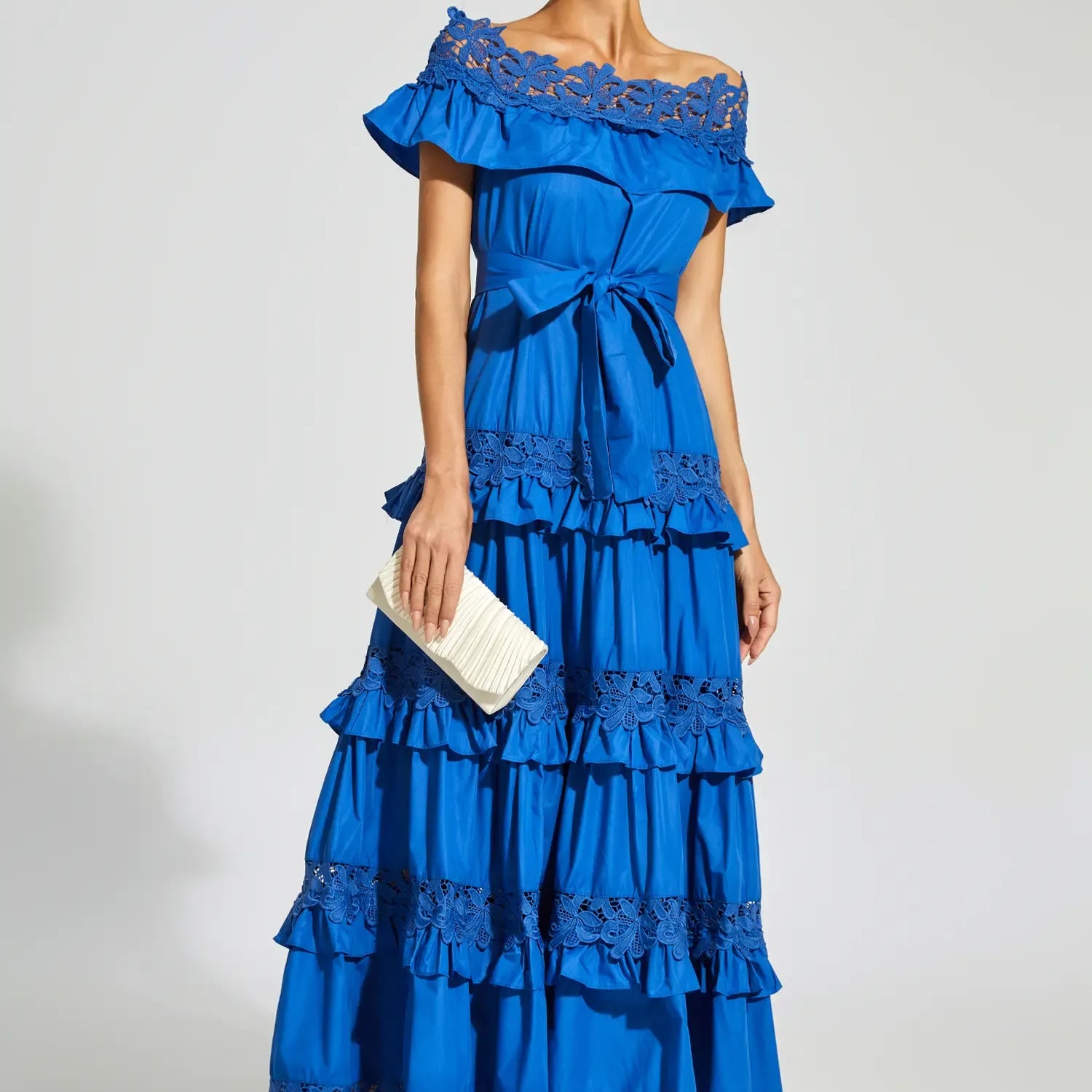 Soraya Deniz Mavisi Fırfırlı Düşük Omuz Maxi Elbise