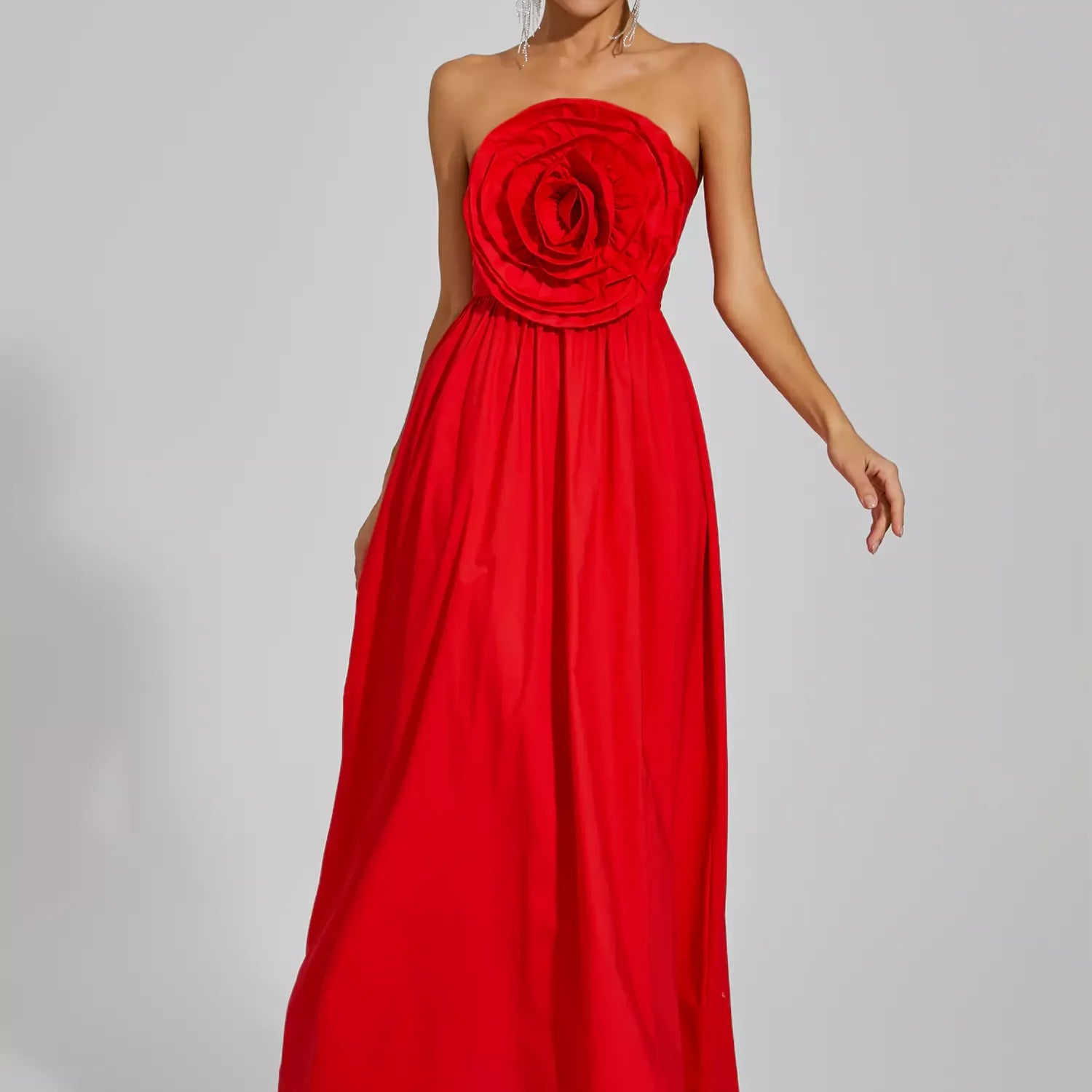 Tori Kırmızı Gül Çiçek Düşük Omuz Maxi Elbise