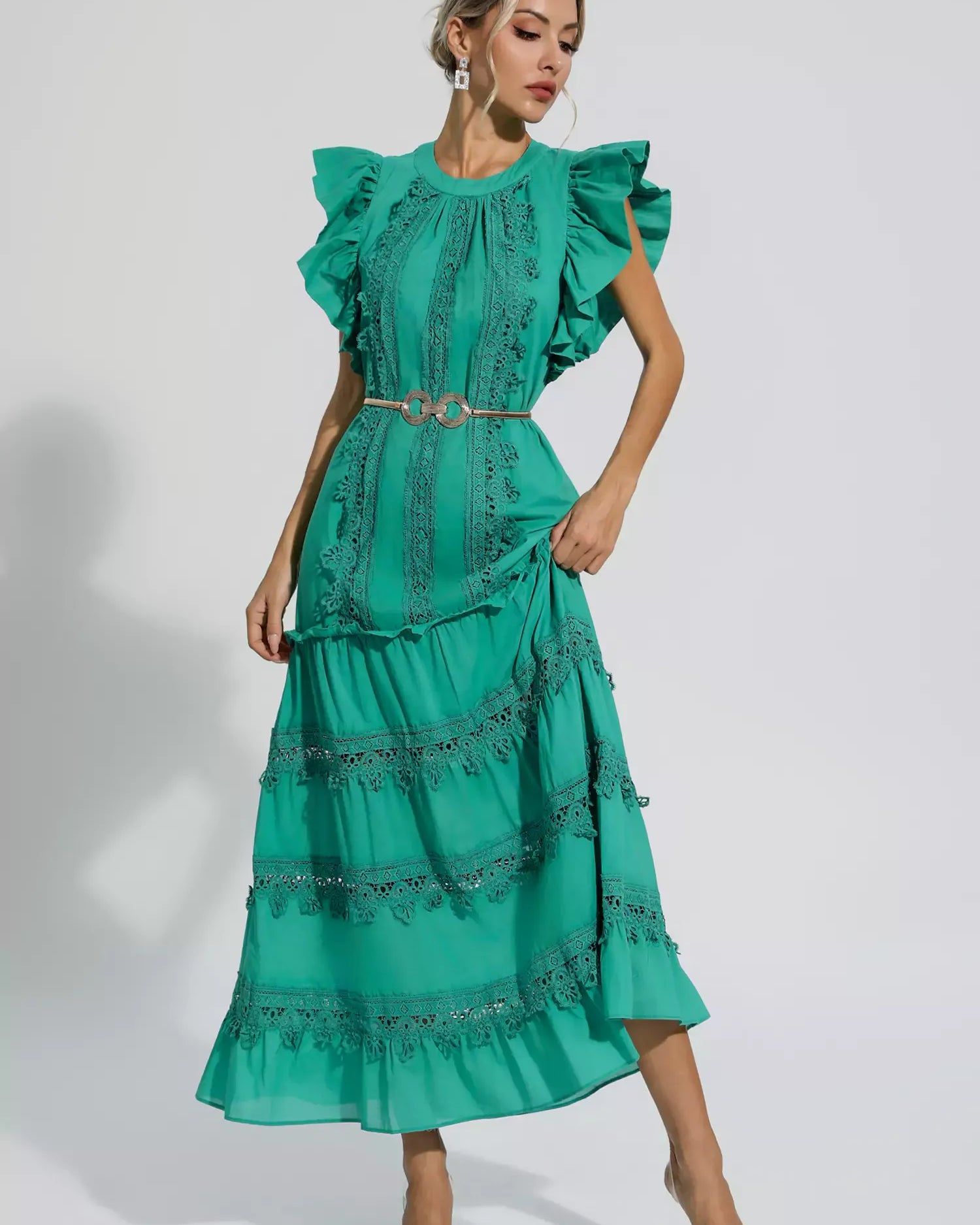 Hazine Yeşili Nakışlı Kuşaklı Uzun Elbise