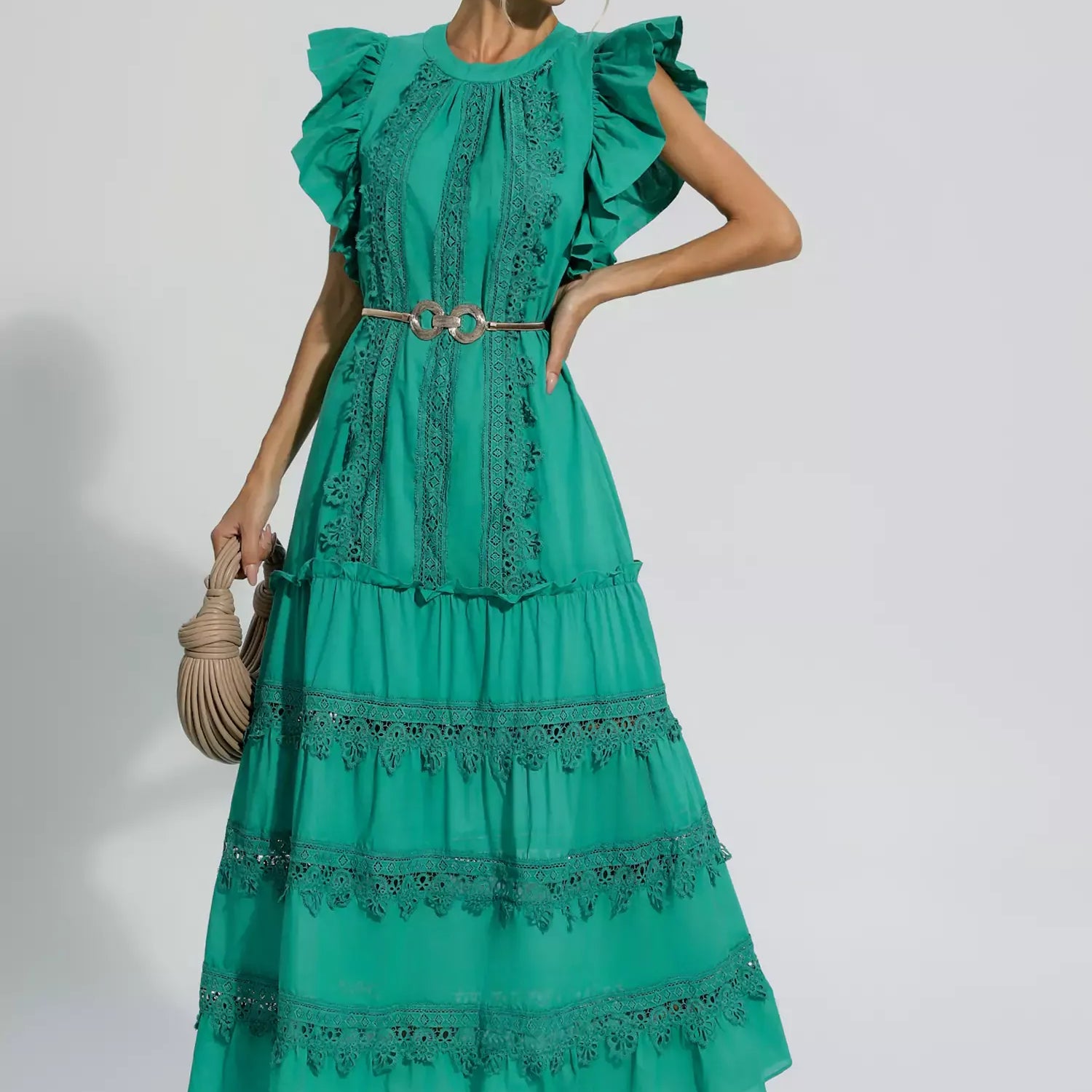 Hazine Yeşili Nakışlı Kuşaklı Uzun Elbise