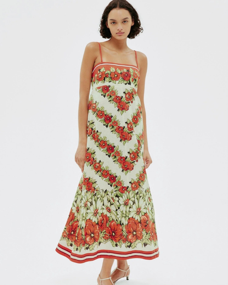 Tristane Spagetti Çiçekli Uzun Elbise Kırmızı