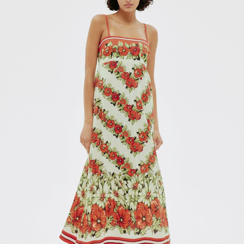 Tristane Spagetti Çiçekli Uzun Elbise Kırmızı