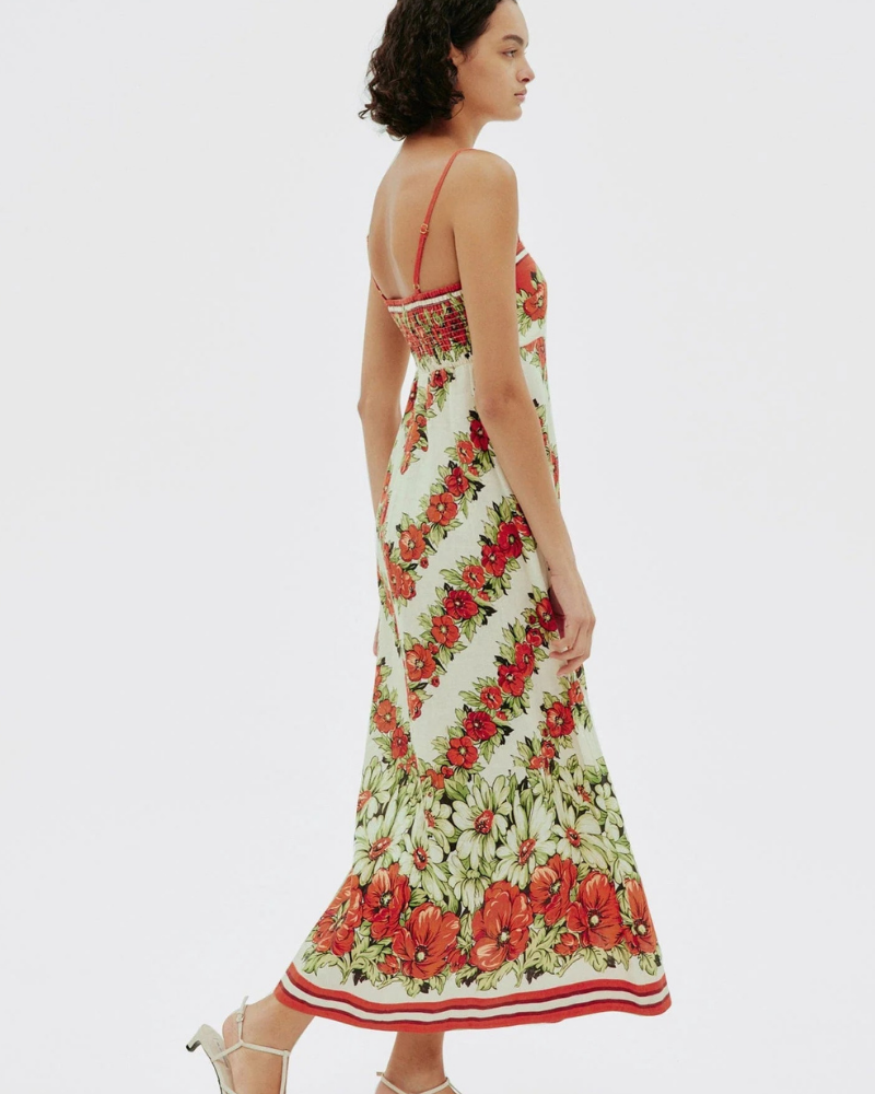 Tristane Spagetti Çiçekli Uzun Elbise Kırmızı