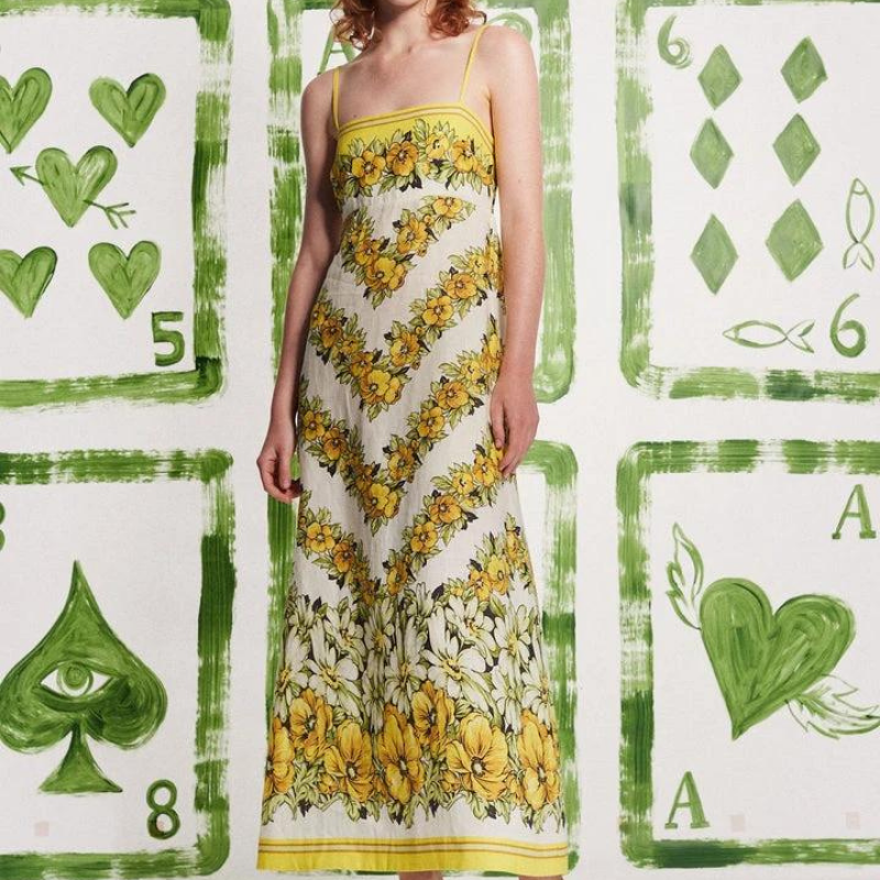 Tristane Spagetti Çiçekli Uzun Elbise Sarı