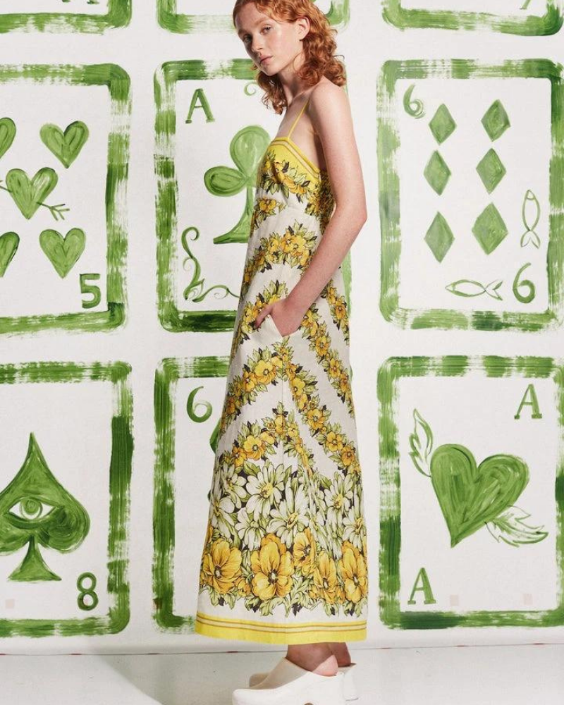 Tristane Spagetti Çiçekli Uzun Elbise Sarı