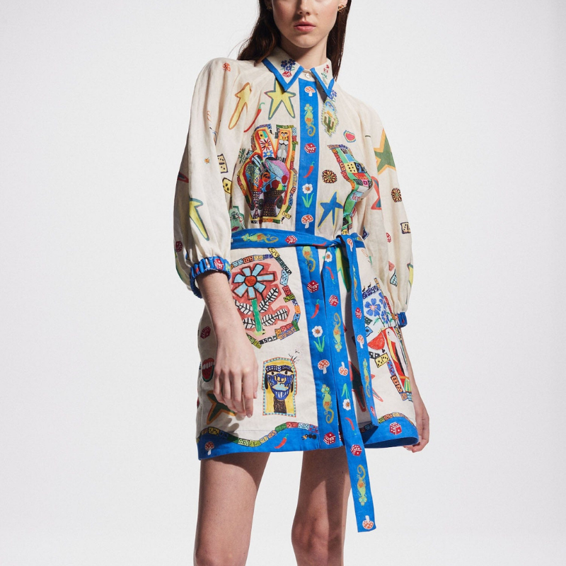 Valence Balon Kol Baskılı Mini Elbise