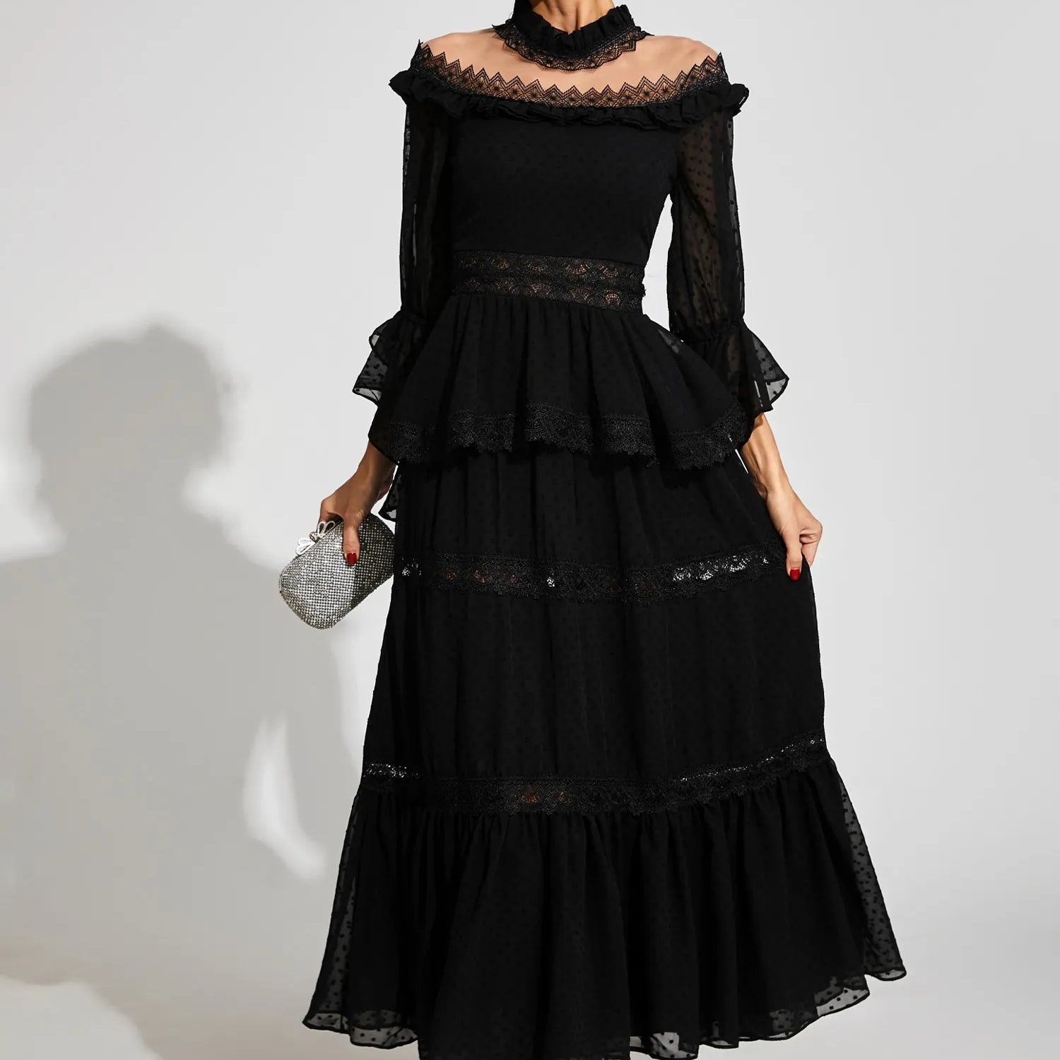 Nivara Siyah Dantelli Uzun Kollu Uzun Elbise