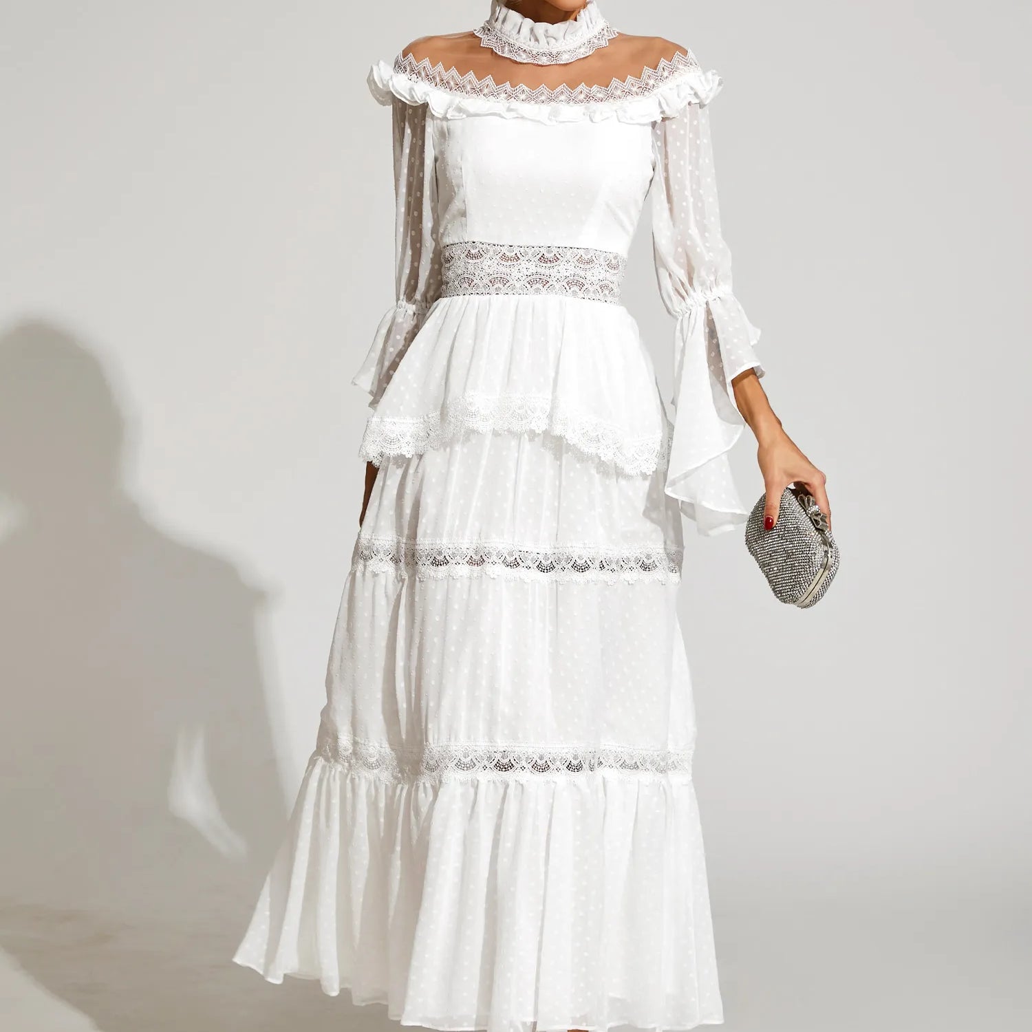 Nivara Beyaz Dantel Uzun Kollu Uzun Elbise