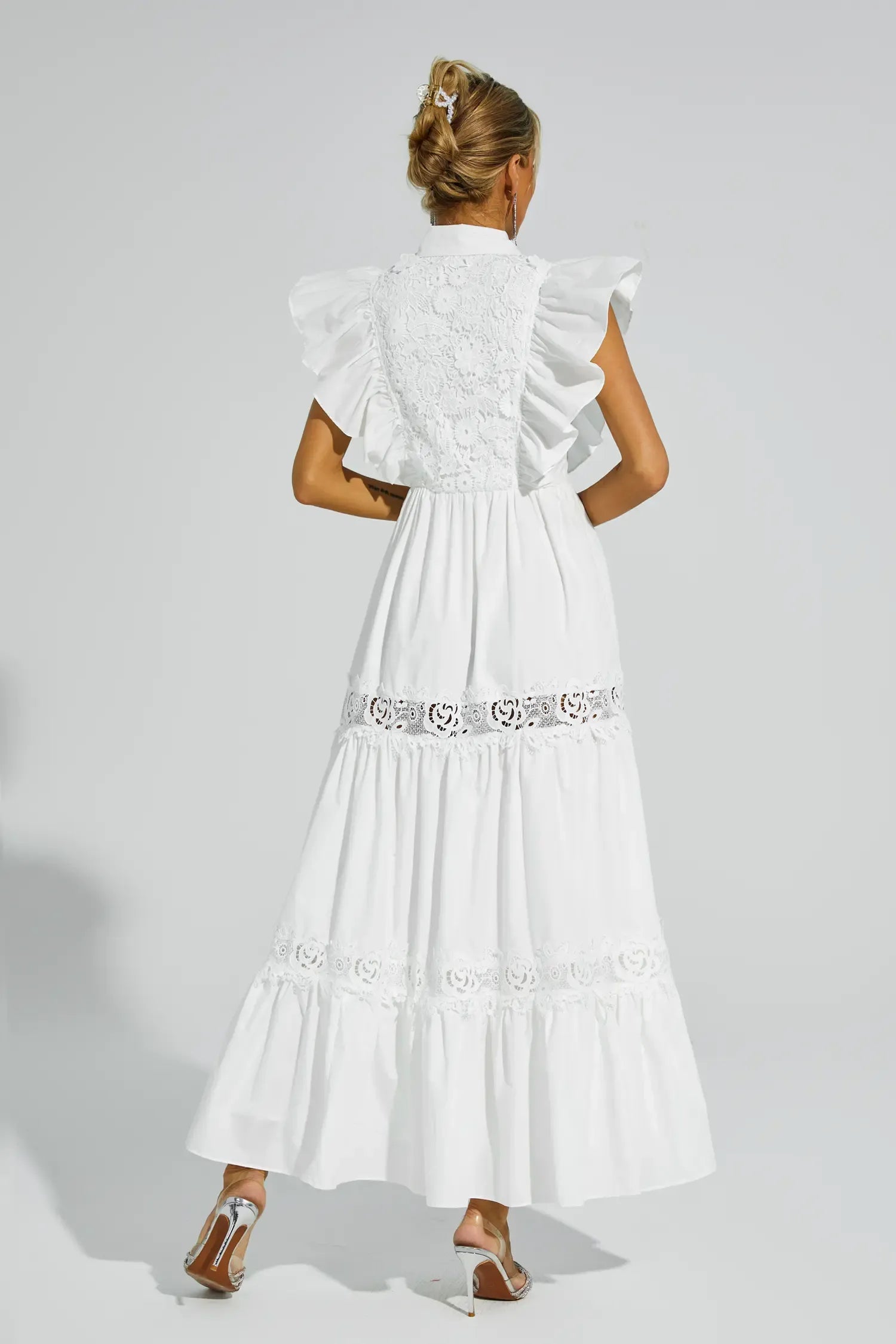 Wesley Beyaz Kolsuz Fırfırlı Maxi Elbise