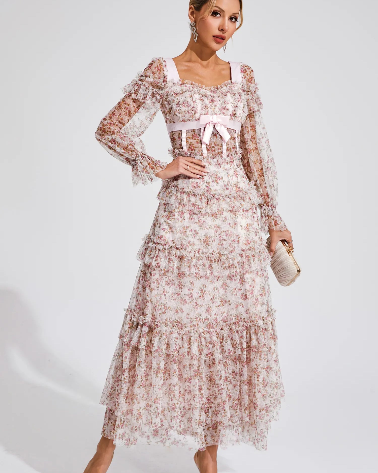 Mira Pembe Çiçekli Uzun Kollu Uzun Elbise