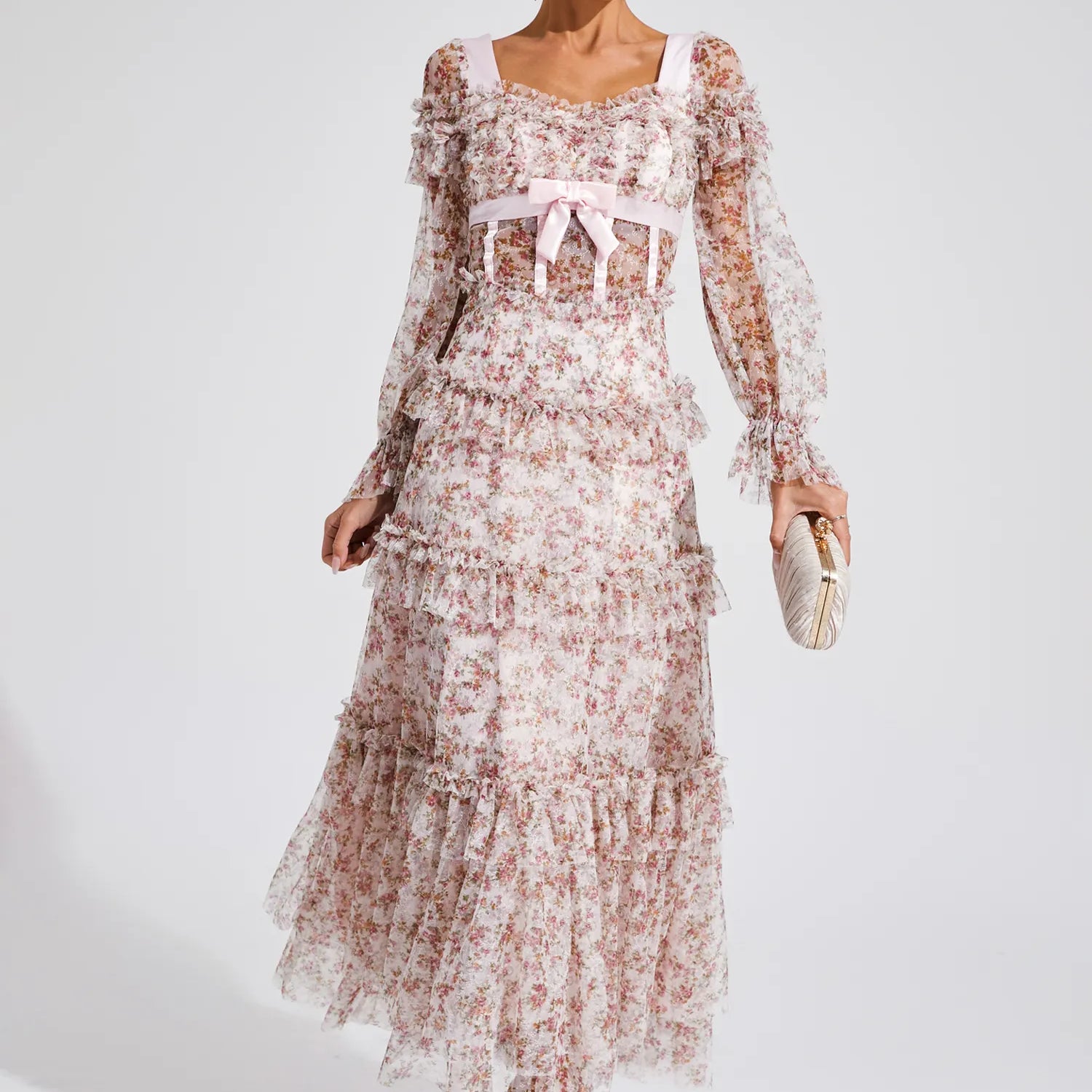 Mira Pembe Çiçekli Uzun Kollu Uzun Elbise