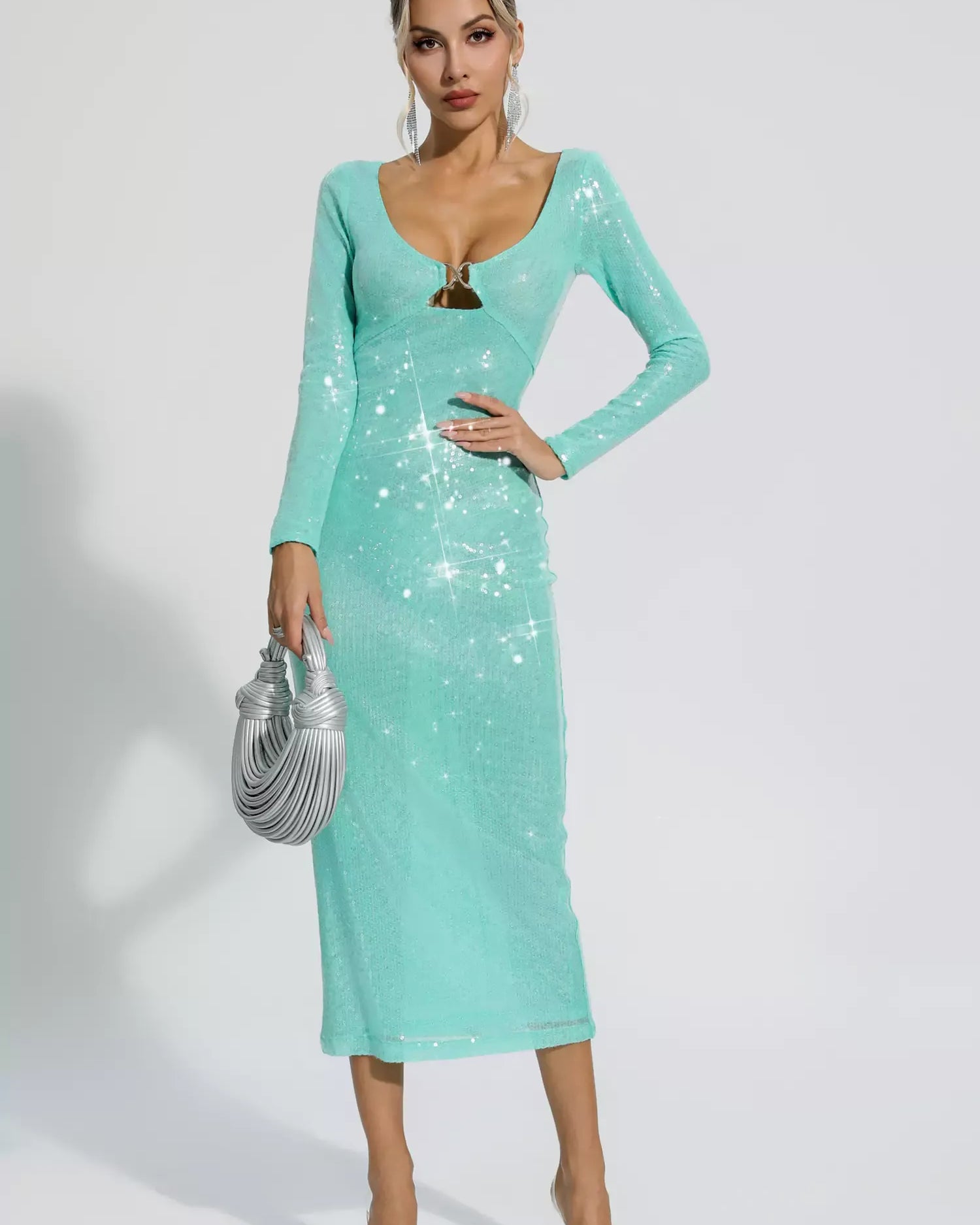 Winnie Yeşil Uzun Kollu Payet Maxi Elbise