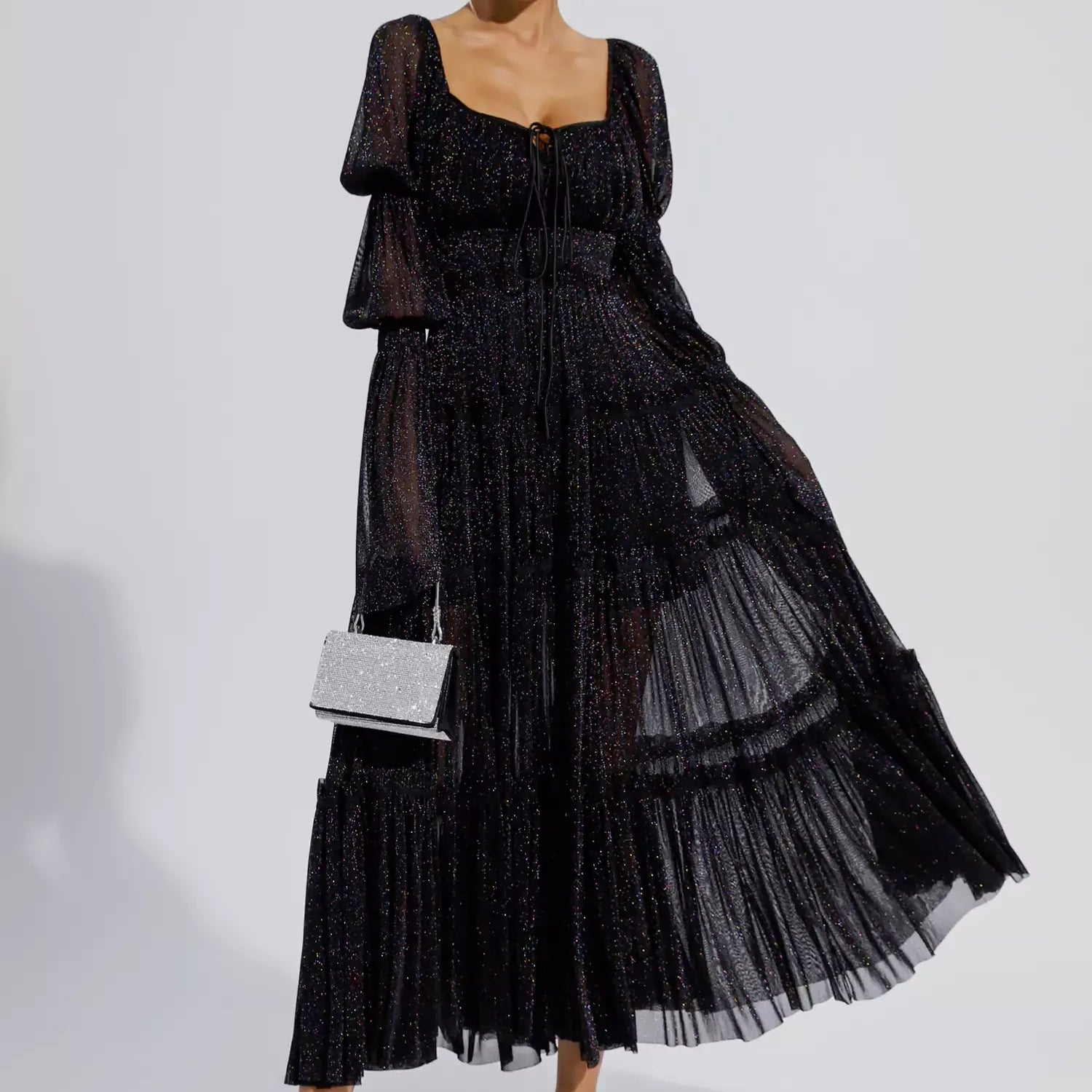 Yaretzi Siyah Payet Uzun Kollu Uzun Elbise