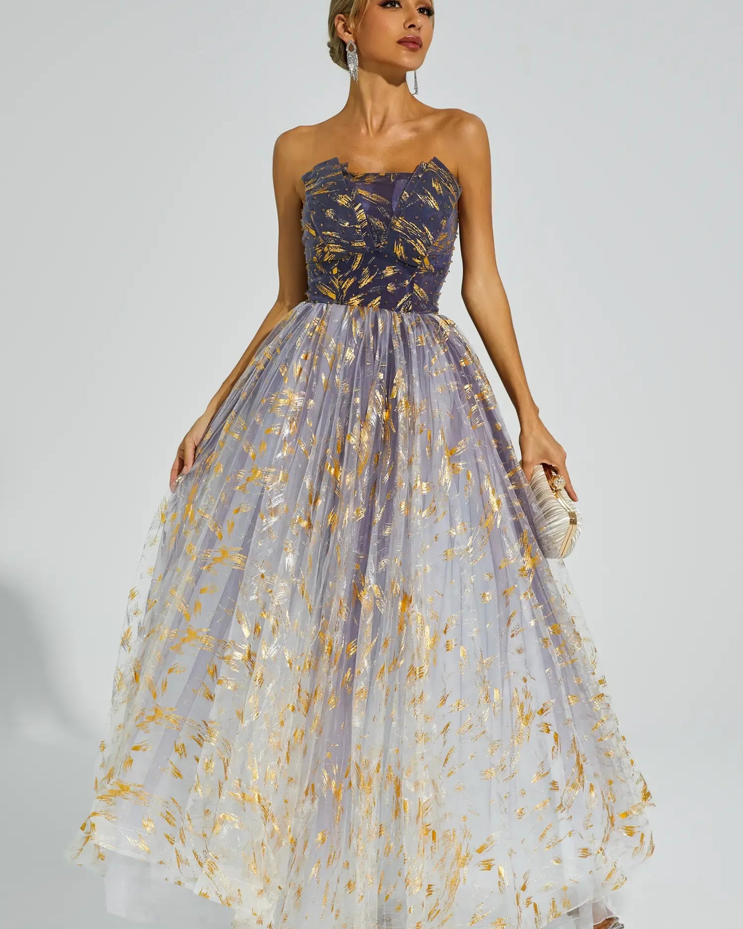 Yetta Degrade Mavi Düşük Omuz Tutu Maxi Elbise