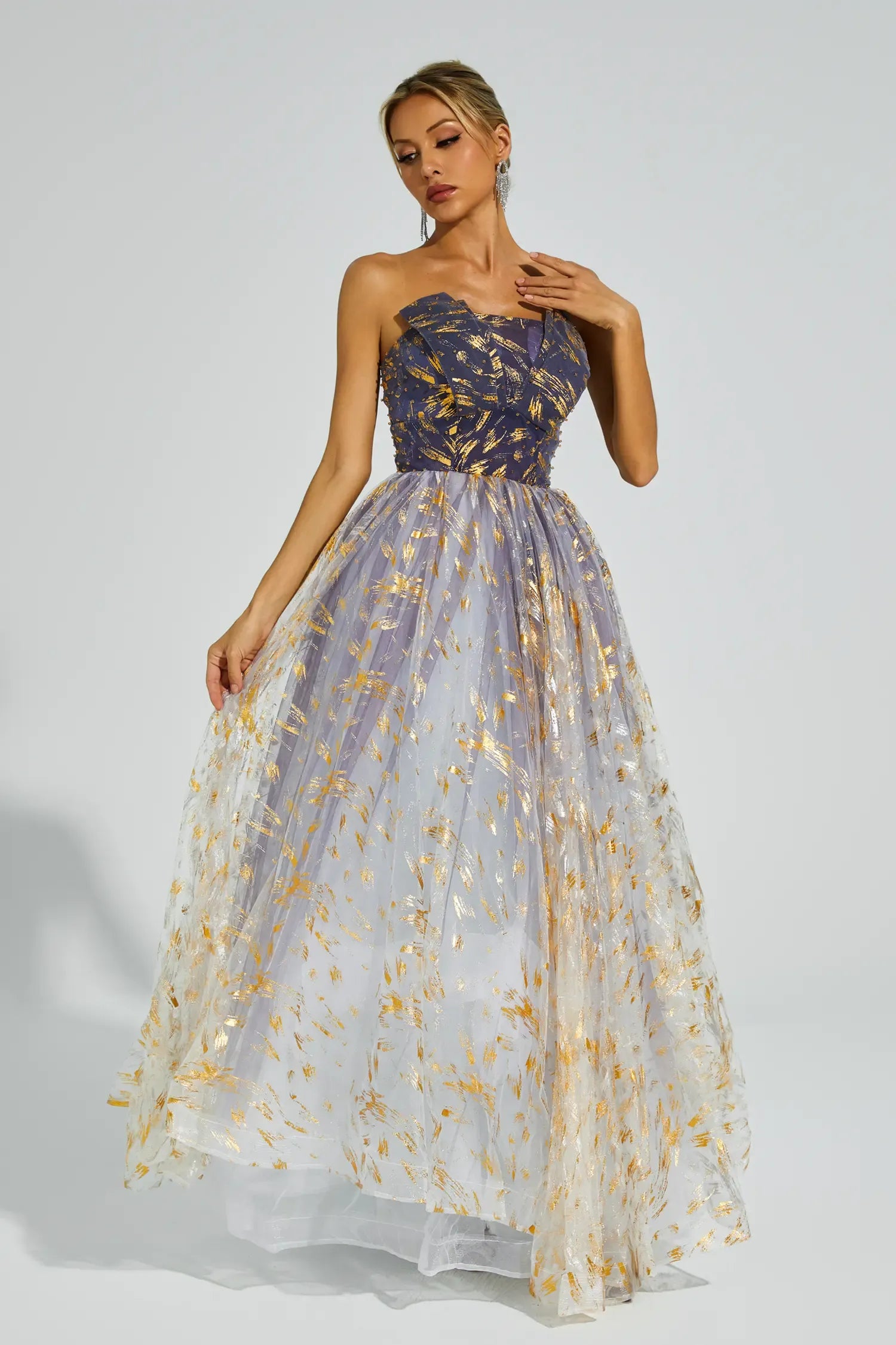 Yetta Degrade Mavi Düşük Omuz Tutu Maxi Elbise