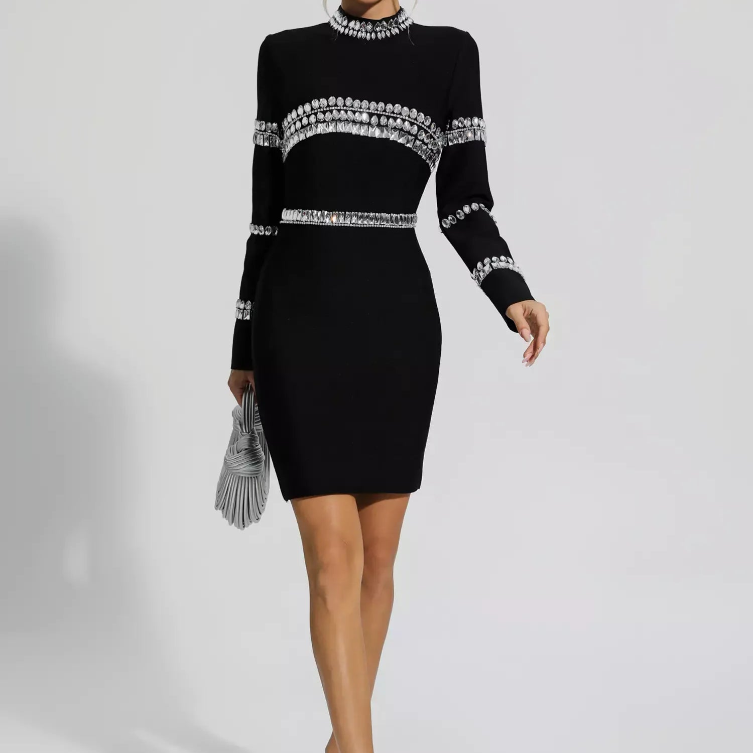 Hayley Siyah Pırlanta Taşlı Uzun Kollu Mini Elbise