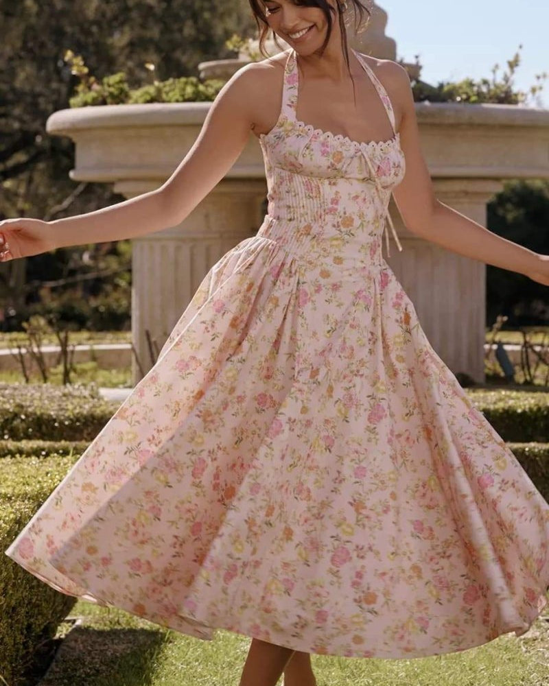 Abigail Baskılı Halter Yaka Korse Midi Elbise