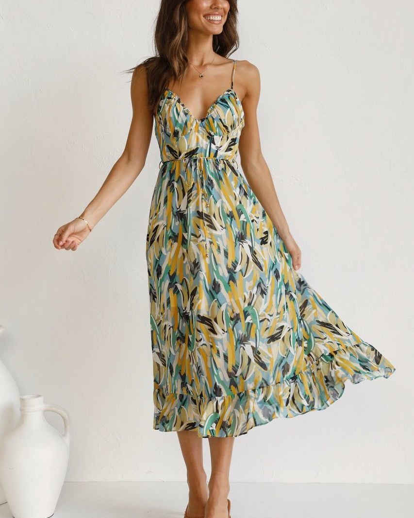 Adela Baskılı Volanlı Midi Yazlık Elbise