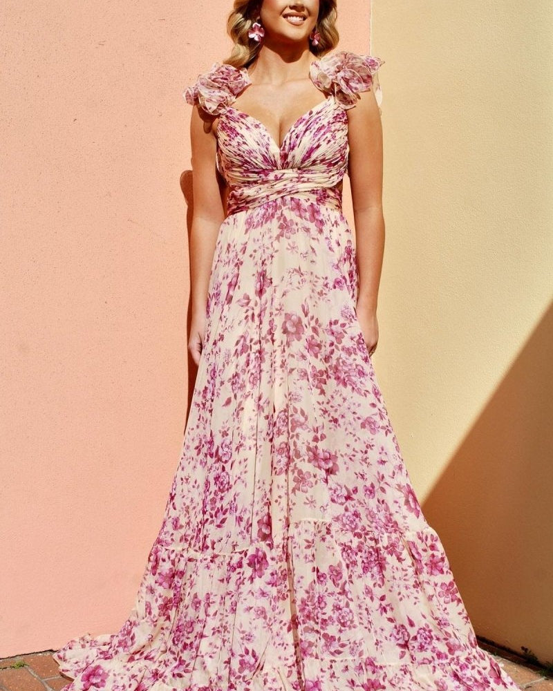 Alania Baskılı Fırfırlı Bağcıklı Uzun Elbise